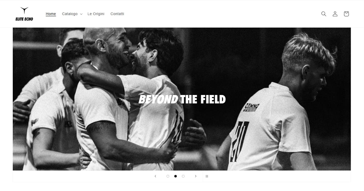 Homepage Elite Echo con logo, navigazione e immagine editoriale Beyond the Field
