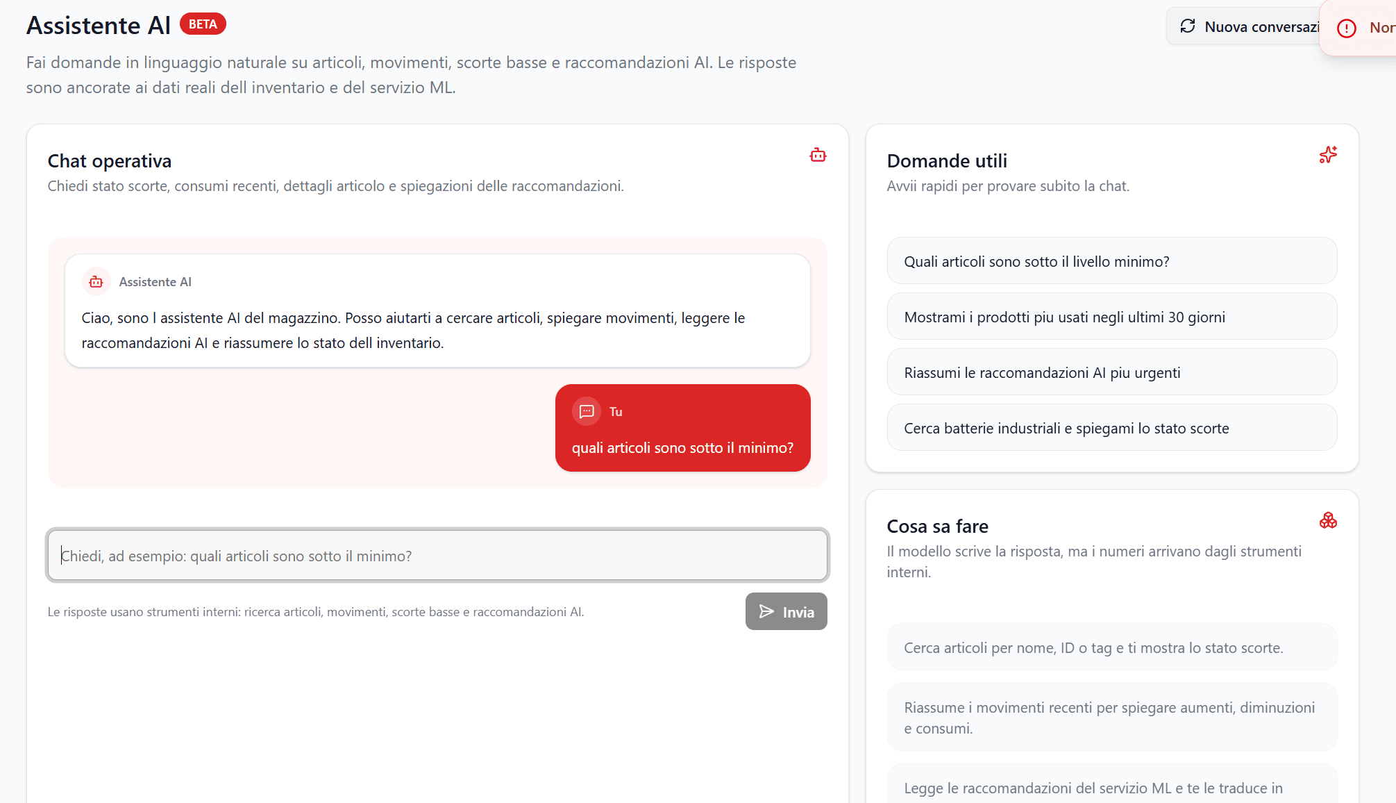 Assistente AI beta di OrganAIze con chat operativa, una domanda sulle scorte sotto il minimo e suggerimenti di domande