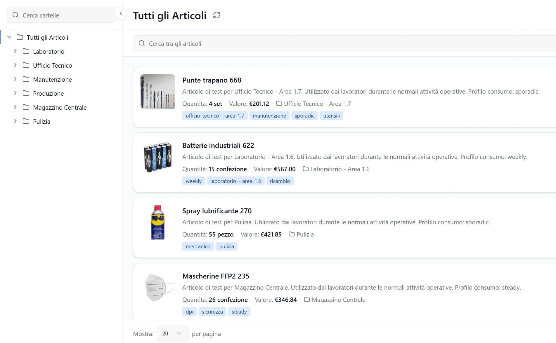 OrganAIze: cartelle per reparto e lista di articoli con fotografie, quantità e tag